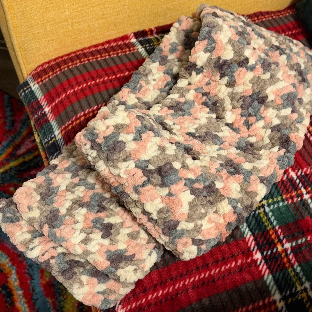 New Handmade Crochet Cozy Pink, Blue, Gray, Purple and white Super Soft Scarf